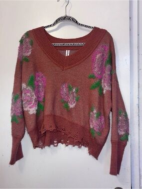Floral V-Neck Distressed Sweater - Dusty Rose